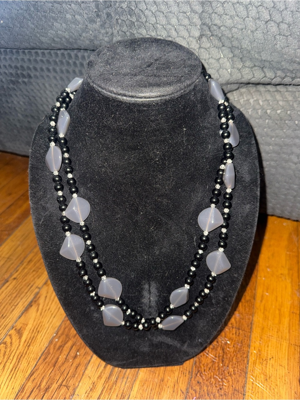 Black & Gray Beaded Geometric Acrylic Beads & Faceted Accents Statement Necklace